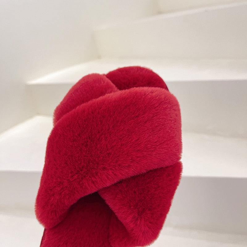 Fluffy red cross-strap fur slippers for women by Stevvex with plush interior on Tampa Home & Garden Store