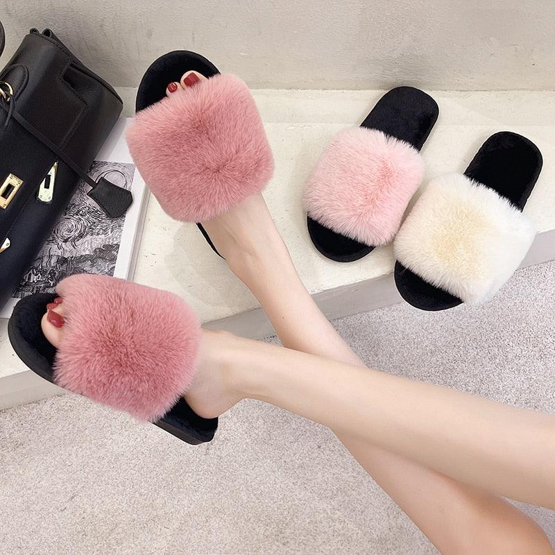 Stevvex fluffy faux fur slippers for women pink open-toe cross-slide; multi-color set on Tampa Home & Garden Store
