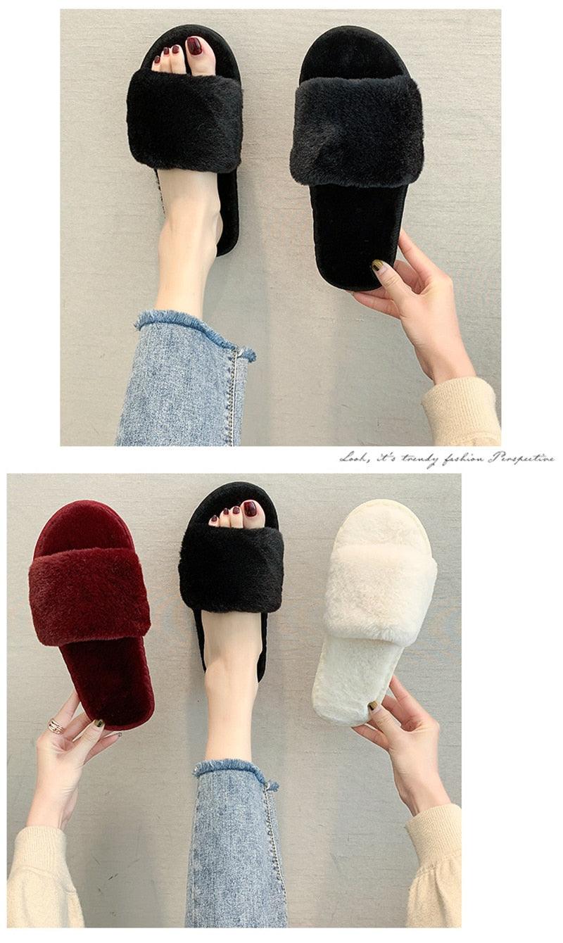 Stevvex fluffy faux fur cross slippers open toe memory foam slides in 3 colors on Tampa Home & Garden Store