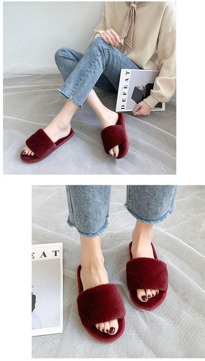Stevvex fluffy burgundy faux fur cross-band indoor slippers pair, open-toe plush slides on Tampa Home & Garden Store
