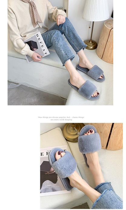 Stevvex fluffy women slippers blue-gray faux fur open-toe indoor slides memory foam on Tampa Home & Garden Store