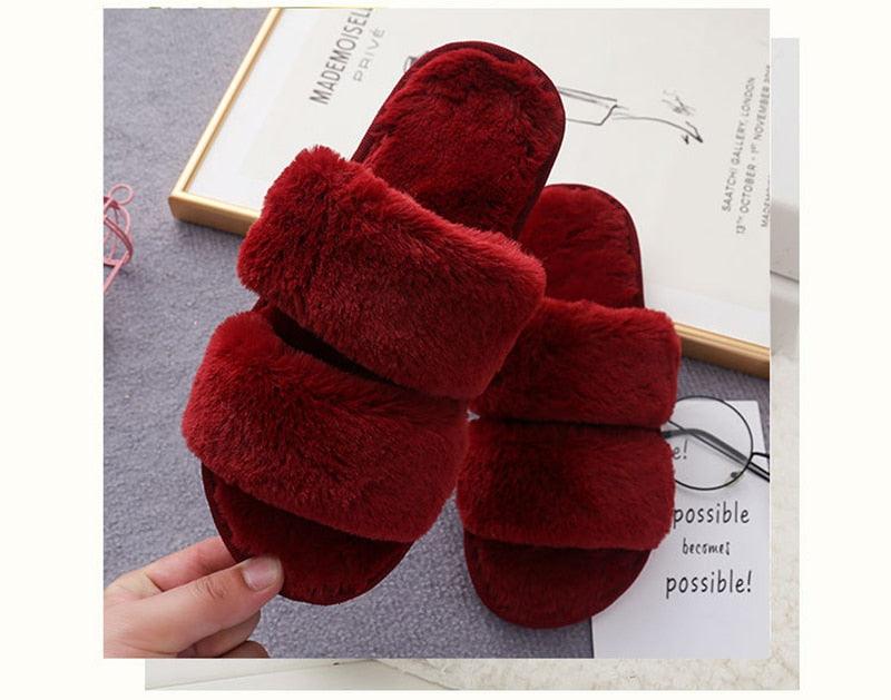 Fluffy slippers red faux-fur cross-band indoor slides by Stevvex, memory foam comfort pair on Tampa Home & Garden Store