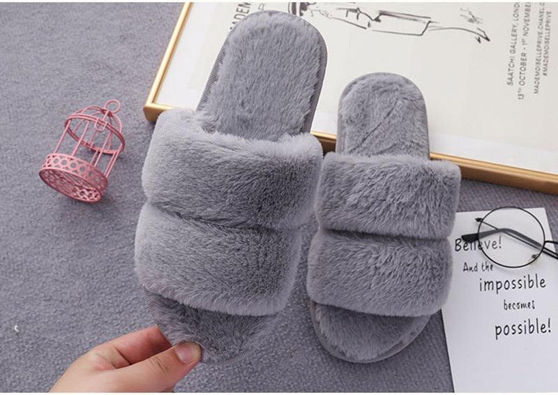 Stevvex fluffy gray slippers with double plush straps and memory foam sole on Tampa Home & Garden Store