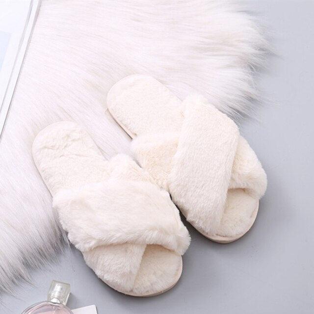 Stevvex fluffy faux fur cross-strap slippers, cream memory foam slides on Tampa Home & Garden Store