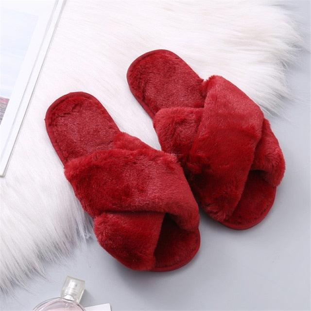 Red fluffy cross-strap slippers for women, faux fur indoor slides, pair Stevvex on Tampa Home & Garden Store