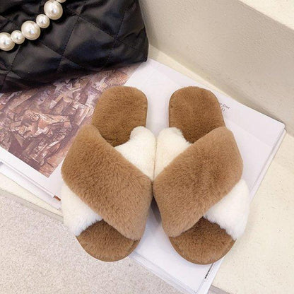 Stevvex fluffy cross slippers women with brown white faux fur straps indoor memory foam pair on Tampa Home & Garden Store