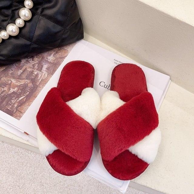 Fluffy red and white cross-strap slippers with faux fur Stevvex indoor slides on Tampa Home & Garden Store