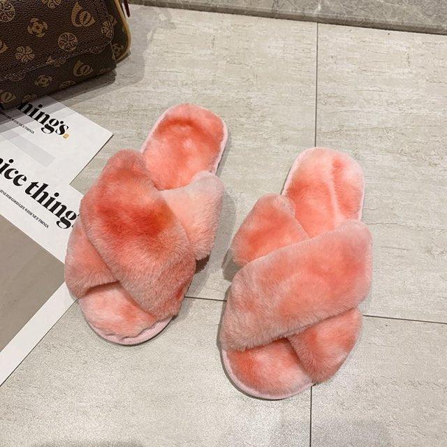 Stevvex pink fluffy cross-strap slippers for women, faux fur memory foam slides on Tampa Home & Garden Store