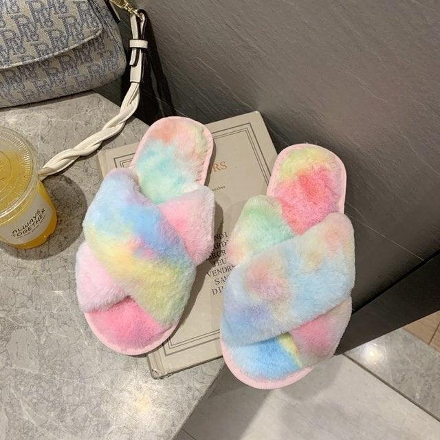 Fluffy cross-strap slippers Stevvex pastel tie-dye faux fur indoor slides for women on Tampa Home & Garden Store