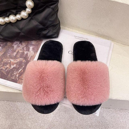 Fluffy fur slippers Stevvex for women pink plush cross-slide with black sole memory foam on Tampa Home & Garden Store