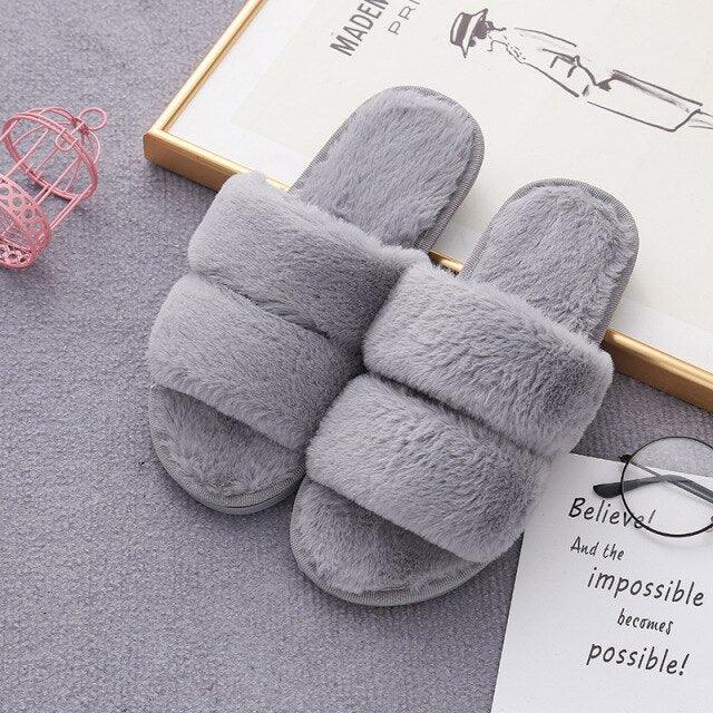 Slippers gray faux fur cross-strap indoor for women on Tampa Home & Garden Store