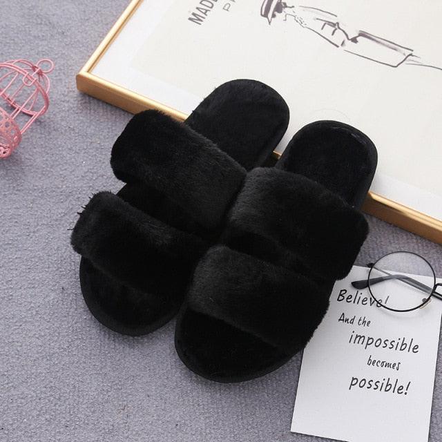 Fluffy black faux-fur cross-strap women's slippers with memory-foam sole indoor open-toe slides on Tampa Home & Garden Store