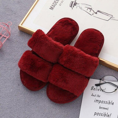 Stevvex red fluffy fur slippers with double wide straps open-toe indoor slides on Tampa Home & Garden Store