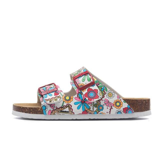 Women’s double-buckle beach slides with cork footbed and white sole, adjustable EVA straps on Tampa Home & Garden Store