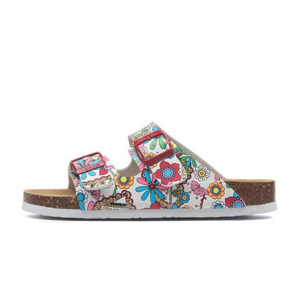 Women’s double-buckle beach slides with cork footbed and white sole, adjustable EVA straps on Tampa Home & Garden Store