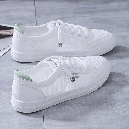Stevvex white mesh sneakers for women with lace-up, green heel tabs, casual flats on Tampa Home & Garden Store