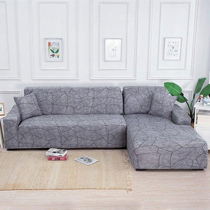 Stevvex elastic sectional sofa cover in gray geometric print for L-shaped sofa with chaise on Tampa Home & Garden Store