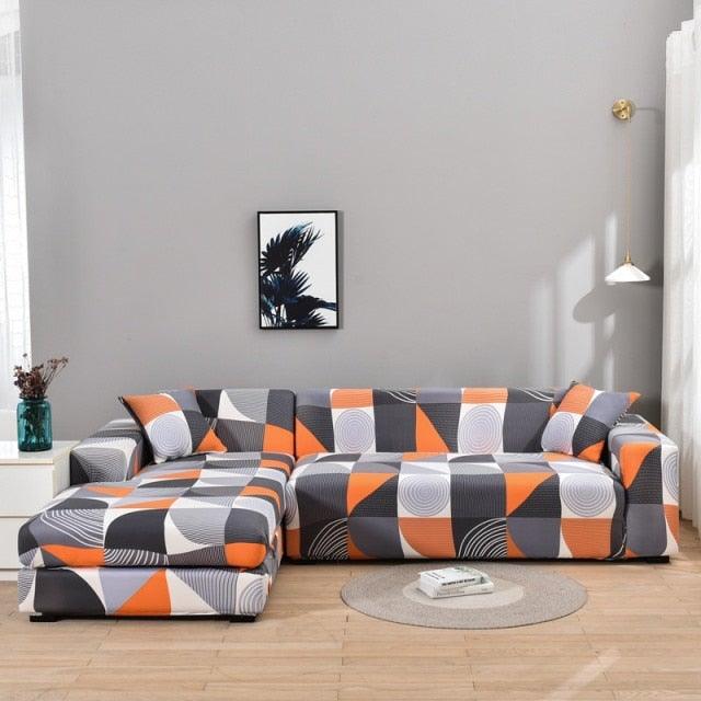 Elastic Sofa Covers for L-shaped Sectional by Stevvex in orange gray white print, 4-seat couch cover set on Tampa Home & Garden Store