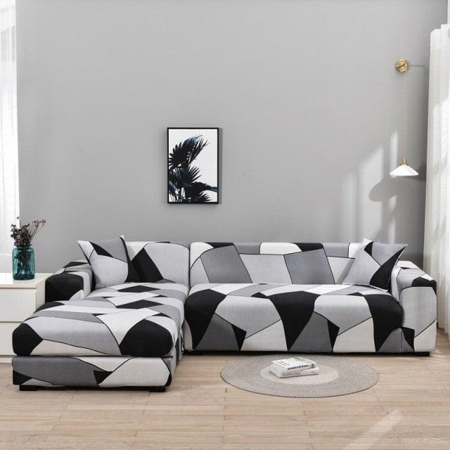 Elastic sectional sofa cover with geometric black gray white print on L-shaped sofa on Tampa Home & Garden Store