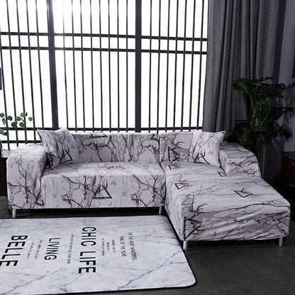 Elastic marble slipcovers on gray-white L-shaped sectional sofa with chaise on Tampa Home & Garden Store