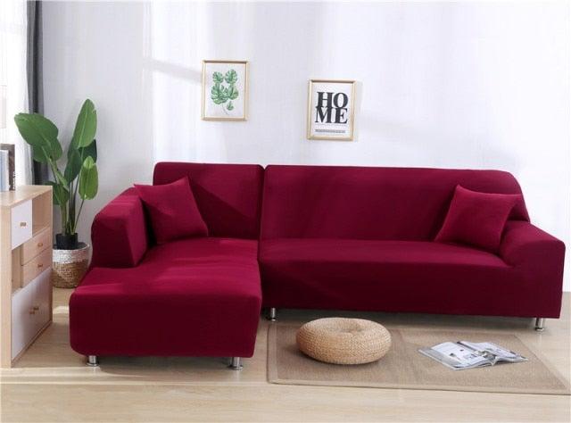 Elastic slipcover for L-shaped sectional burgundy sofa by Stevvex ST50DE2829TSM on Tampa Home & Garden Store