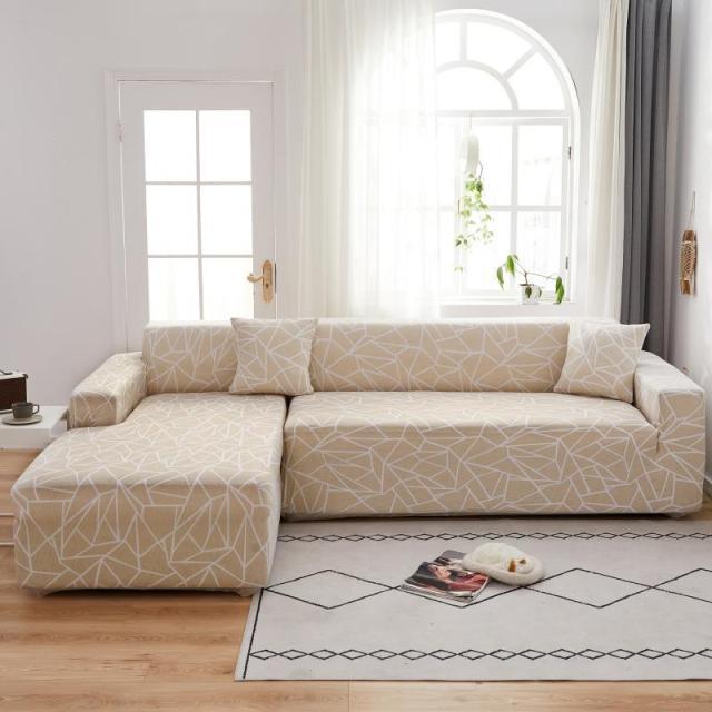 Stevvex elastic sofa cover for L-shaped sectional in beige geometric print on Tampa Home & Garden Store