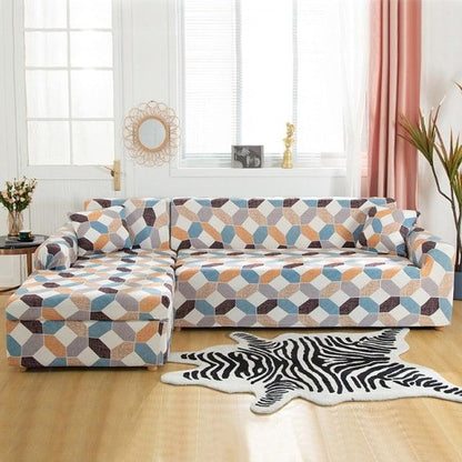 Elastic geometric-printed sofa cover on L-shaped sectional couch in blue beige brown on Tampa Home & Garden Store