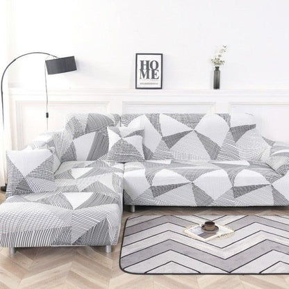 Stevvex elastic sofa cover for L-shaped sectional with grey geometric print on living room couch on Tampa Home & Garden Store