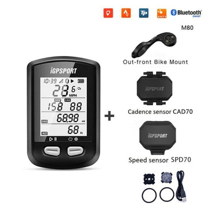 Bike GPS computer with LCD backlight, iGPSPORT branding, M80 mount, CAD70 sensor, SPD70 sensor on Tampa Home & Garden Store