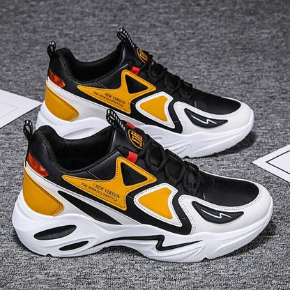 Stevvex men's air mesh platform sneakers in black, yellow, and white with a chunky sole on Tampa Home & Garden Store