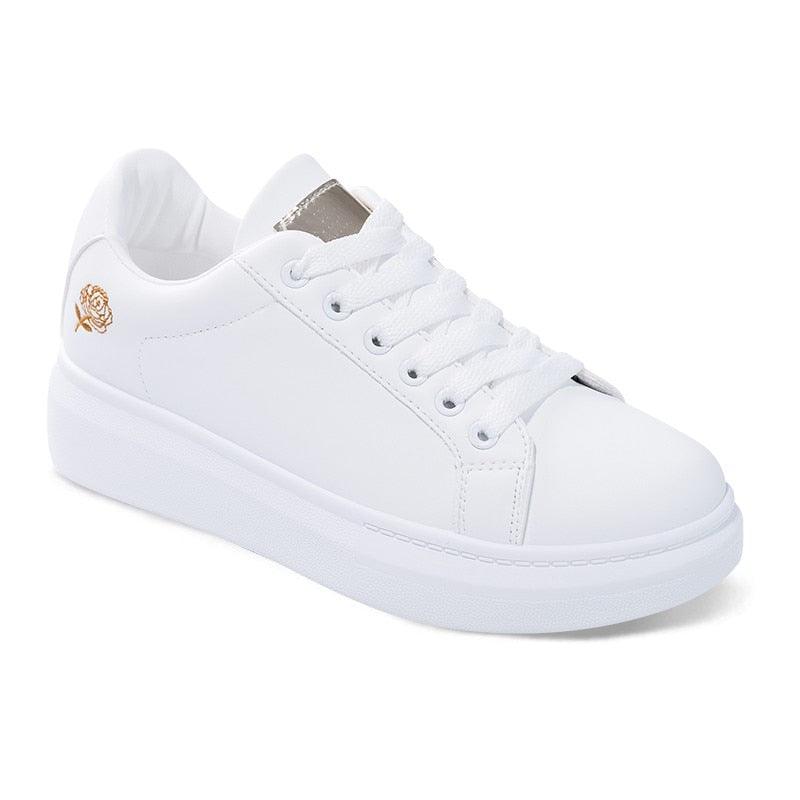 Stevvex white lace-up leather sneakers with gold rose embroidery on heel on Tampa Home & Garden Store