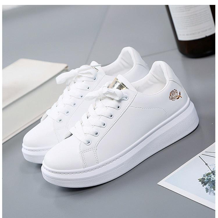 Women white leather sneakers by Stevvex with embroidered rose, lace-up low-top casual shoes on Tampa Home & Garden Store