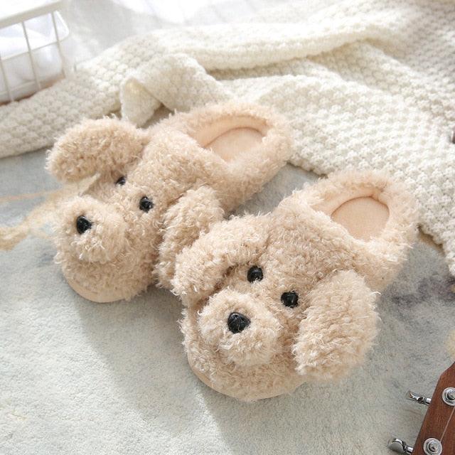 Slippers Stevvex beige plush dog-face couple cozy home footwear on Tampa Home & Garden Store