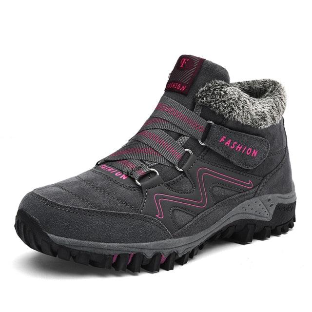 Stevvex winter fur-lined high-top boots in black gray leather with pink accents and rugged sole on Tampa Home & Garden Store