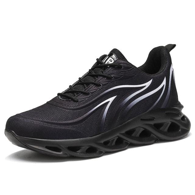 Stevvex men's black flame-print mesh sneakers with breathable upper and sculpted twist sole on Tampa Home & Garden Store