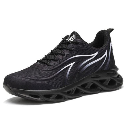 Stevvex men's black flame-print mesh sneakers with breathable upper and sculpted twist sole on Tampa Home & Garden Store
