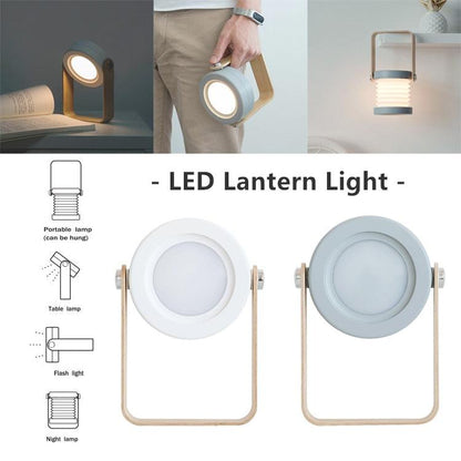 Stevvex LED Lantern Light portable desk lamp with wooden handle and white gray circular panels, foldable frame on Tampa Home & Garden Store