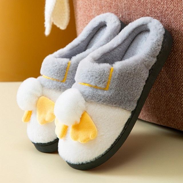 Slippers Stevvex couples plush fur pair in grey and white with yellow bows, indoor anti-skid on Tampa Home & Garden Store