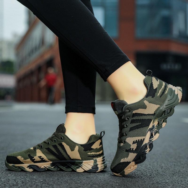 Stevvex camouflage running sneakers, unisex athletic shoes, green camo mesh upper, pair on Tampa Home & Garden Store