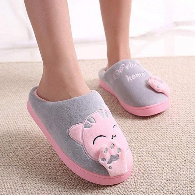 Stevvex plush cat-face home slippers gray with pink sole, fluffy fur indoor wear on Tampa Home & Garden Store