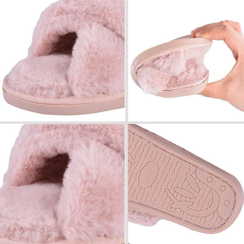 Stevvex pink fluffy faux fur indoor slippers with memory foam anti-slip sole on Tampa Home & Garden Store