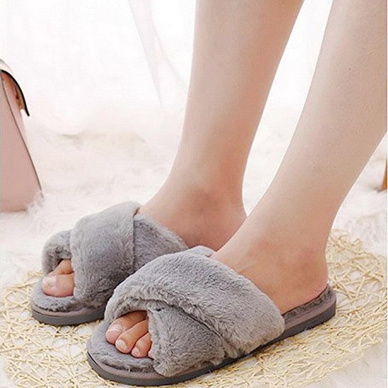 Slippers gray faux fur cross-band slides with memory foam sole open-toe indoor footwear on Tampa Home & Garden Store