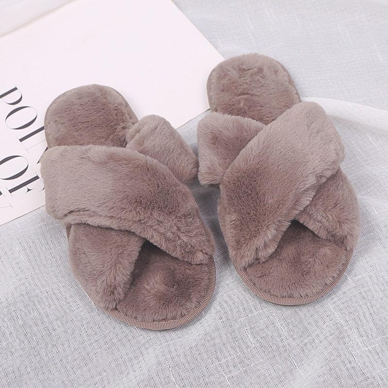 Pair of Stevvex taupe faux-fur slippers with cross-strap upper for indoor use on Tampa Home & Garden Store