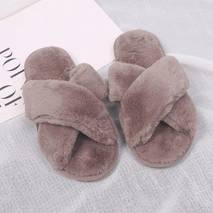 Pair of Stevvex taupe faux-fur slippers with cross-strap upper for indoor use on Tampa Home & Garden Store