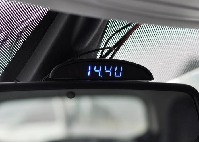 12V car interior 3-in-1 clock voltmeter thermometer with blue LED display mounted on dash on Tampa Home & Garden Store