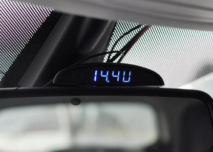 12V car interior 3-in-1 clock voltmeter thermometer with blue LED display mounted on dash on Tampa Home & Garden Store