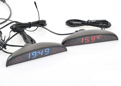 12V car 3-in-1 clock voltmeter thermometer with blue/red LED displays, Stevvex, two units on Tampa Home & Garden Store