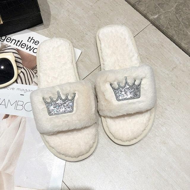 Warm fluffy slippers Stevvex white faux fur crown-strap indoor memory foam slides, pair on Tampa Home & Garden Store