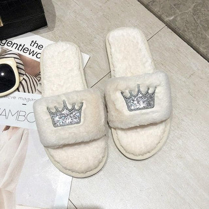 Warm fluffy slippers Stevvex white faux fur crown-strap indoor memory foam slides, pair on Tampa Home & Garden Store