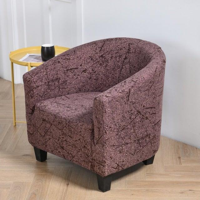 Stevvex club chair slipcover in burgundy geometric print, stretchy spandex armchair cover on Tampa Home & Garden Store
